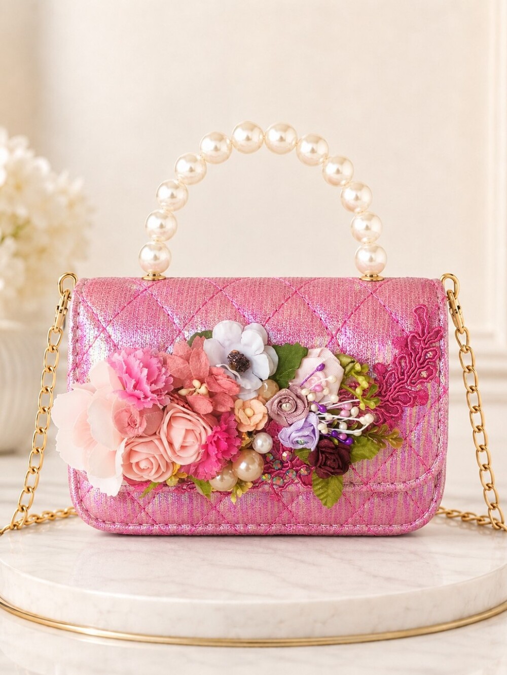 Handmade Girls' Pink Floral Pearl handle Mini Bag.